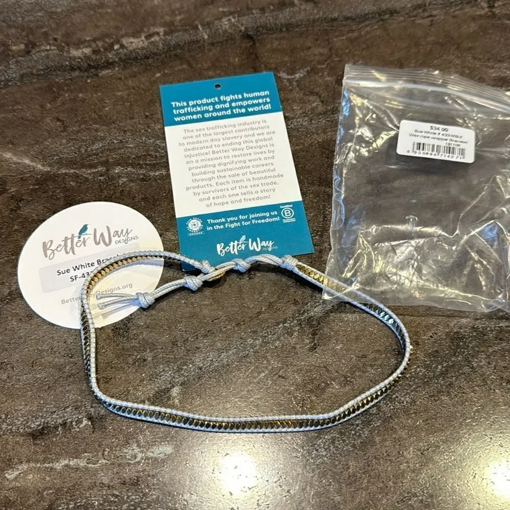 Better Way Sue white gray waxed rope/gold bead adjustable wrap bracelet. NWT.